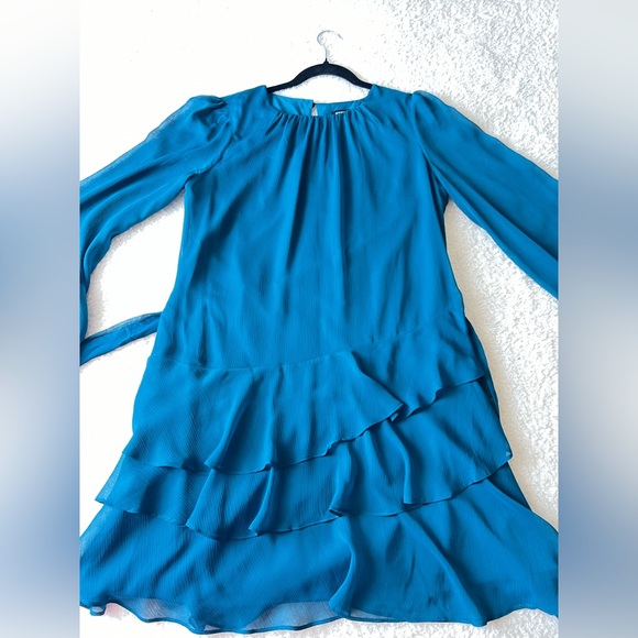 Long sleeve Tie Waist Tiered Ruffle Mini Dress - Picture 3 of 5